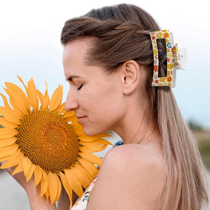 PANTIDE 8Pcs Boho Floral Hair Claw Clip for Women Girls - Retro Vintage Flower Rainbow Rectangle Nonslip Banana Hair Clip, Thin Thick Short Long Curly Accessories, Birthday Party School Classroom Gift