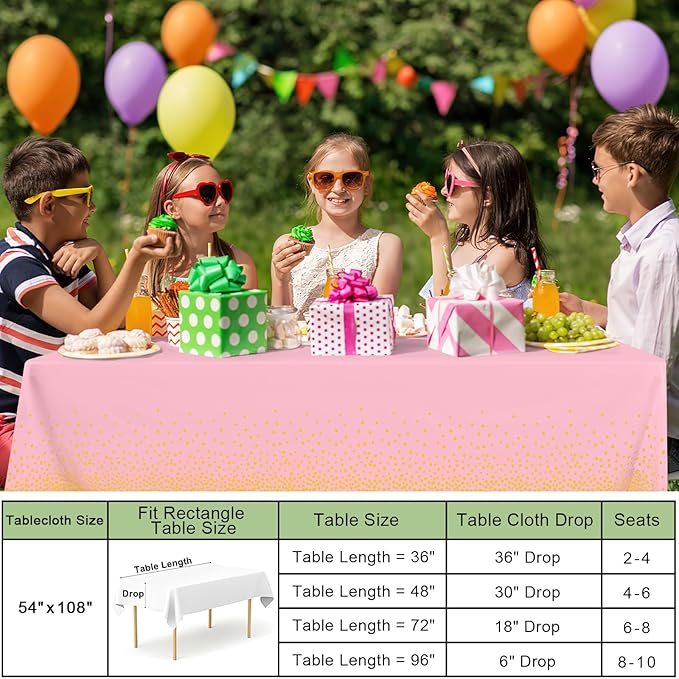 misaya 10 Packs Dot Disposable Table Cloth, 54 x 108 Inch Waterproof Plastic Tablecloth, Rectangle Gold Dots in Pink Table Covers for Mother's Day, Picnic, Birthday, Party