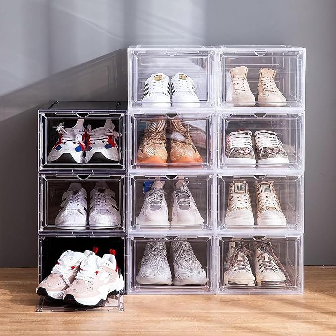 Attelite Upgraded Shoe Storage Box 9 Pack Shoe Box Clear Plastic Stackable X-Large Drop Front Shoe Box with Clear Magnetic Door, Shoe Organizer and Shoe Containers For Sneaker Display
