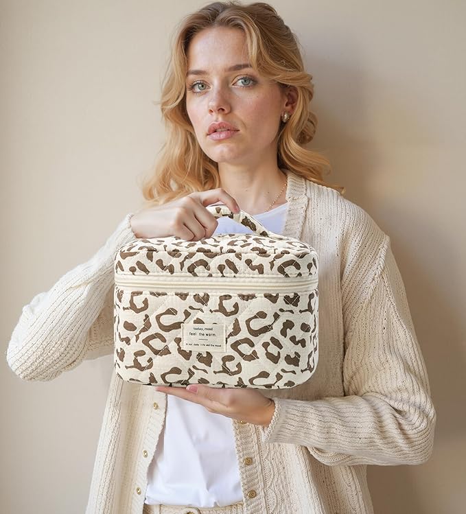 HBselect Quilted Makeup Bag, 3PCS Cotton Large Travel Makeup Bag, Cute Floral Coquette Make up Bag Cosmetic Bag Toiletry Bag for Women Girls