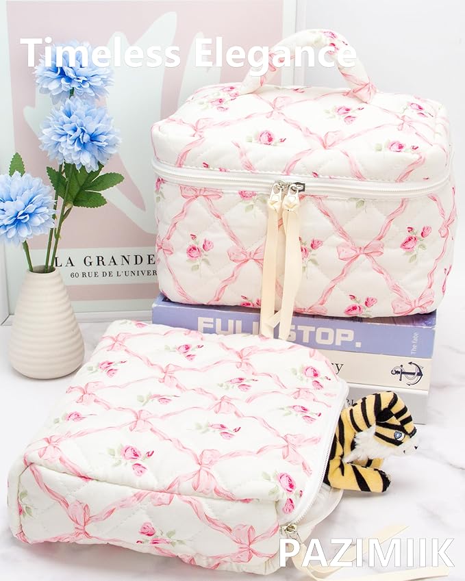 PAZIMIIK Quilted Makeup Bag Large Travel Zipper Soft Cosmetic Case for Women Girls Make Up, Bow Rose