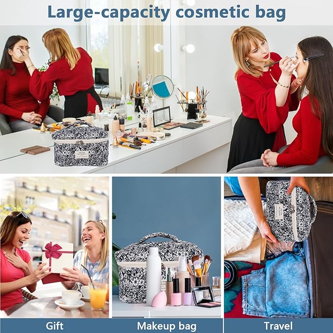 Large Makeup Bag, Cute Cosmetic Bag for Women Girls, Floral Coquette Aesthetic Toiletry Bag, Travel Make Up Organizer Bag (Black Rose Flower)