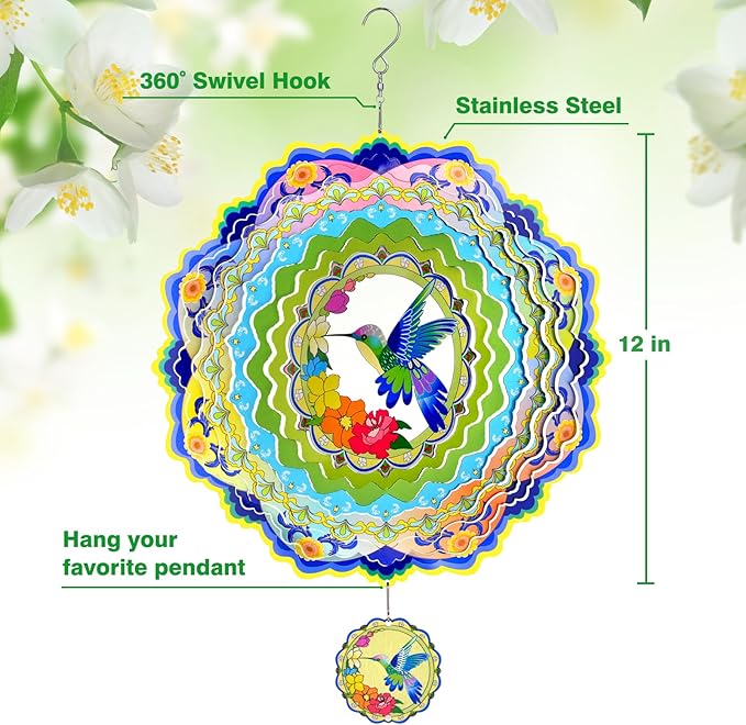 Wind Spinners - 12 Inches Large Metal Hummingbird Wind Spinner, 3D Reflective Wind Sculptures for Home, Outside Decor, Garden, Yard Art, Gifts for Mom, Daughter, Grandma's Birthday, Light Green