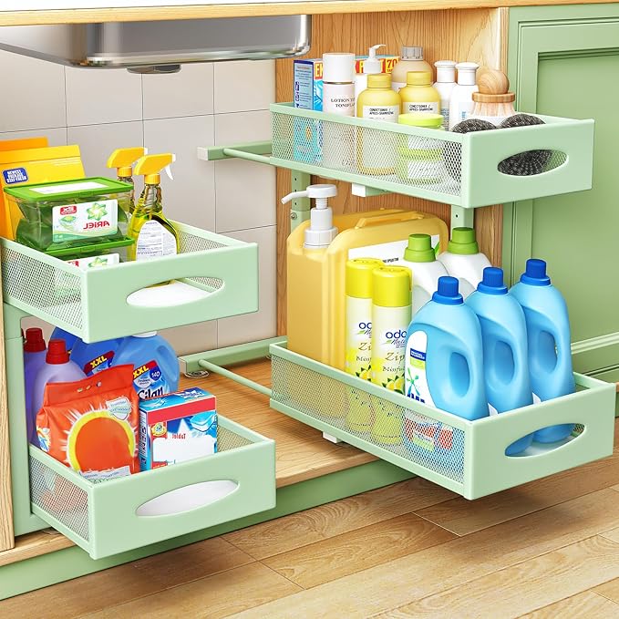 2 Pack Under Sink Organizer, 2 Tier Pull out Cabinet Organizer Mesh Baskets with 5 Adjustable Heights, Sliding Drawers Storage Shelf for Home, Kitchen, Bathroom, Pantry, Office, Countertop ,Green