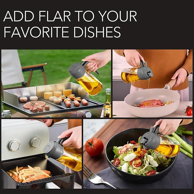 YARRAMATE 16oz/470ml Oil Sprayer for Cooking with Stickers, Food-grade Premium 2 in 1 Olive Oil Dispenser Bottle for Kitchen Gadgets, Air Fryer, Salad, Frying, BBQ (Gray)