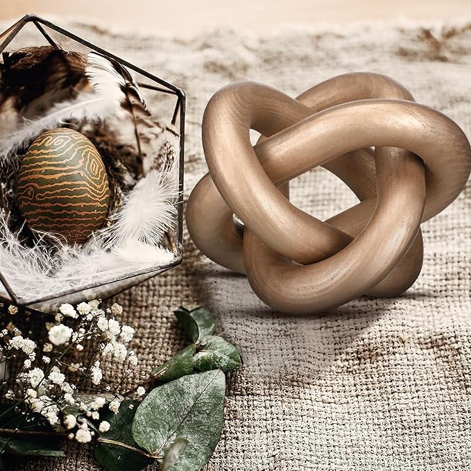 3 Link Wood Knot Decor - Hand Carved Coffee Table Decoration, Boho Chain Link Decor, Modern Shelf, Rustic Objects for Home Living Room Bedroom(Champagne)