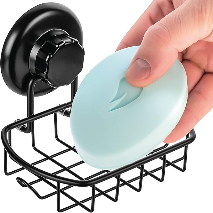 Suction Soap Dish with Hooks - Super Powerful Vacuum Suction Cup Shower Soap Holder - Rustproof Stainless Steel SS304 Soap Basket - Sponge Holder for Bathroom & Kitchen (Black)