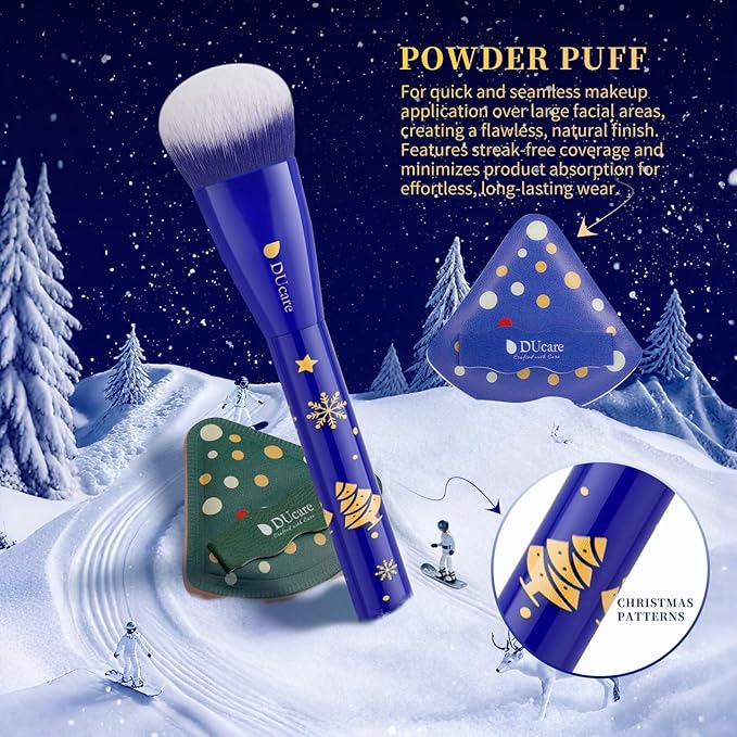 DUcare Christmas Gift Set 8Pcs,With 6pcs Makeup Brush Set 2pcs Makeup Puffs Kabuki Foundation Blending Face Powder Blush Concealers Eye Shadows Brushes
