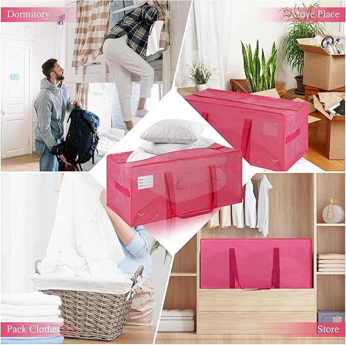 8 Pack Heavy Duty Extra Large Moving Bags with Handles, Waterproof Foldable Storage Totes, Clothing Storage Bags, Packing Moving Boxes for College Supplies, Pink