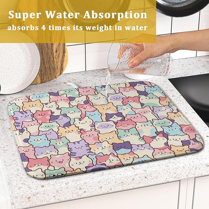 Colorful Cats Dish Drying Mat 16x18 inch Cute Animal Microfiber Reversible Fast Dry Dishes Drainer Rack Pad for Counter Kitchen Table Decor