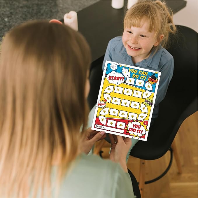 10 Reward Chart with 206 Golden Star Stickers-Comic Theme-Incentive Chart,Positive Behavior Reward Chart for Kids,Toddler Homework Assignments, Attendance(8"X10")-A02