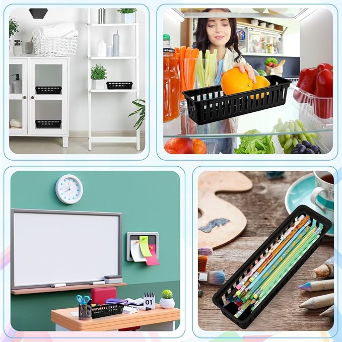 12 Pcs Black Slim Plastic Storage Baskets Tray 10 x 3 x 2.5 Inch Compact Stackable Desk Organizer for Office, Classroom, School Supplies, and Home Storage, Organization(Black)