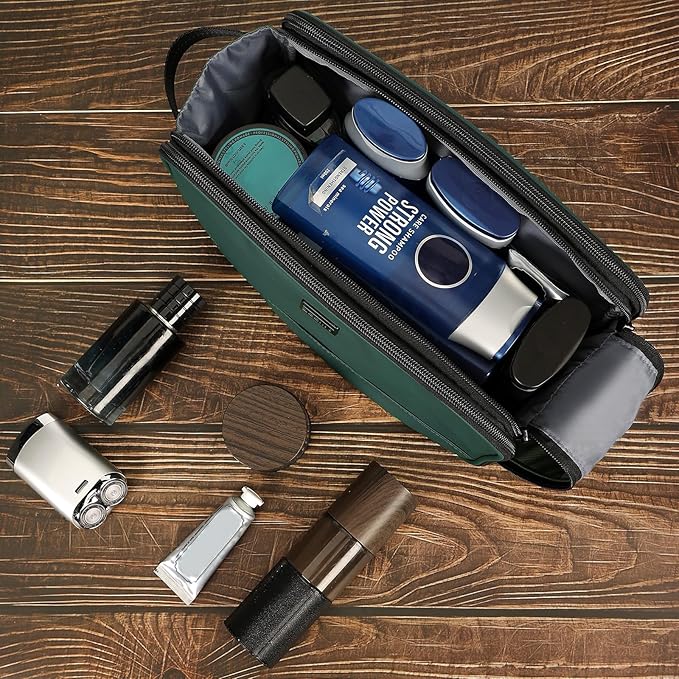 ZEEMO Travel Toiletry Bag for Men, Medium Water-Resistant Double-Sided Full-Open Dopp Kit, Versatile Organizer for Shower and Hygiene Accessories, Bathroom Essentials, Cosmetics, Large, Green