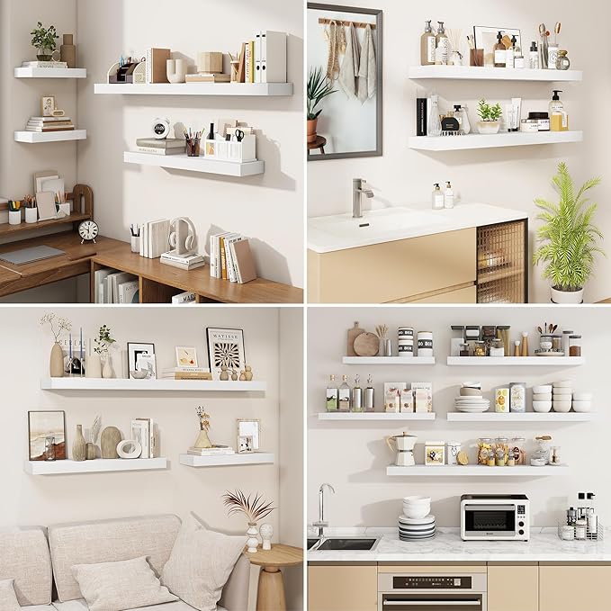 fuqing Floating Shelves for Wall, Wall Mounted Wood Floating Shelf with Invisible Brackets for Living Room, Bathroom, Bedroom, Kitchen Storage and Decor, 6.5 Inch Set of 3, White