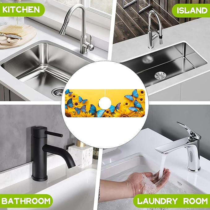 Kitchen Sink Splash Sunflowers and Blue Butterflies Guard Faucet Mat, Super Absorbent Fast Drying Mat Guard Behind Faucet Drip Catcher for Kitchen Bathroom, 15.5"X5.5"