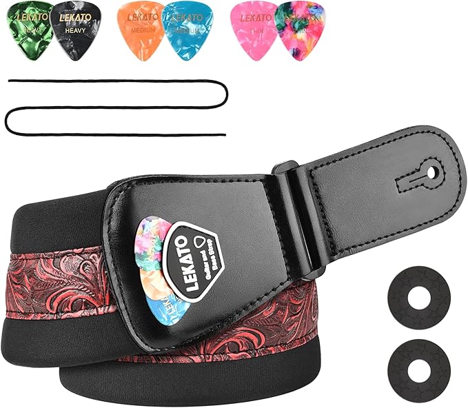 LEKATO Bass Guitar Strap - 3" Wide, Padded, Adjustable 45" to 55", With Pick Holder & 2 Safety Strap Locks