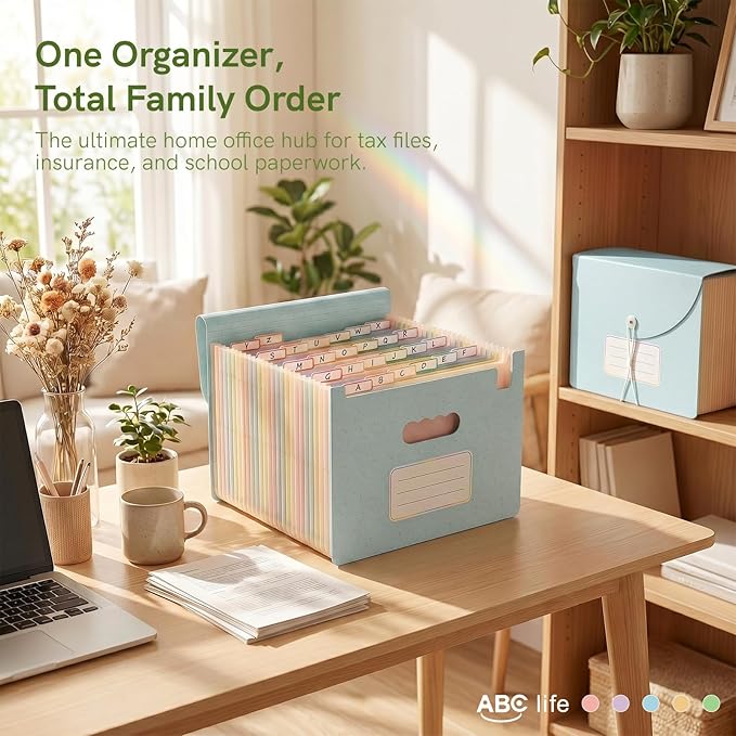 ABC life 26 Pockets Accordion File Organizer, High Capacity Expanding File Folder for Letter A4 Size, Portable Document Holder with A-Z Tabs for Tax Receipt, Teacher & Home Office - Dusty Blue