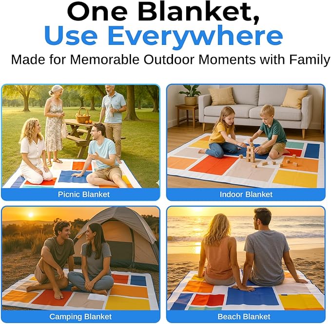 scuddles Extra Large Picnic Blanket – 79" x 59" Waterproof Outdoor Mat with 3-Layer Comfort Design, Easy Fold & Carry Strap for Beach, Camping, Hiking, Park & Family Fun