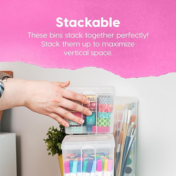 IRIS USA Vertical Plastic Flip Top Storage Containers Bins with Lids for Pantry, Home, Office, Organization, Large, Stackable Hinged Organizer with Latches, Clear, 6 Pack