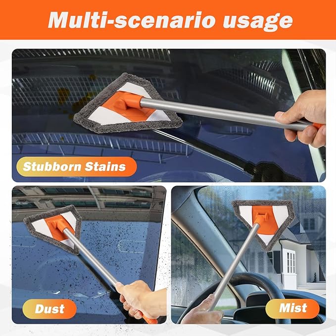 Windshield Interior Cleaner Tool - Auto Glass Wash Brush with 2 Washable and Reusable Microfiber Pads,Car Accessories Interior Triangular Mop Cleaning Kit for Trucks, SUVs, RVs & Home Windows