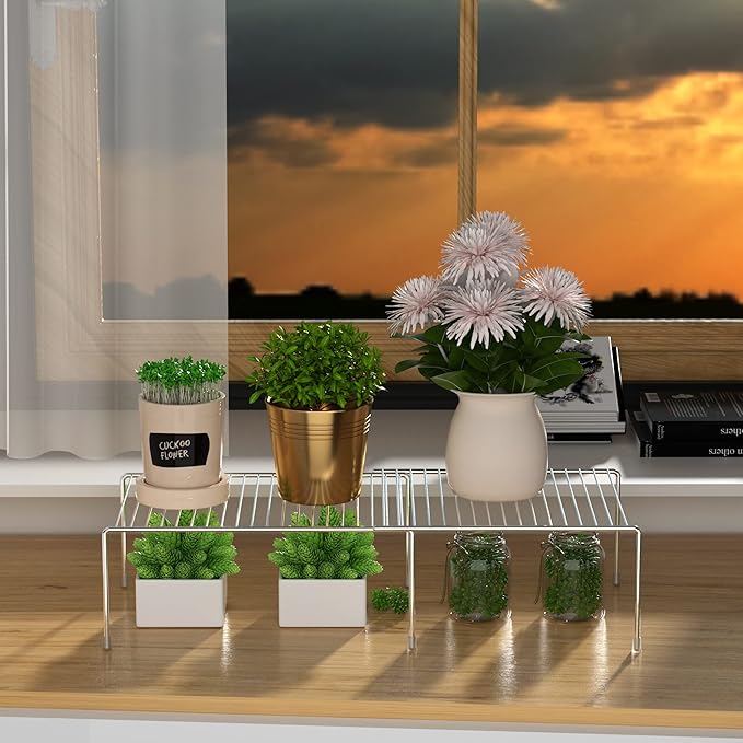 Kitchen Cabinet Expandable Shelf Organizers Set of 6, Adjustable Metal Wire Pantry Storage Shelves, Plate Dish Organizer Rack for Cabinets, Cupboard, Counter, Freezer, Countertop, Chrome