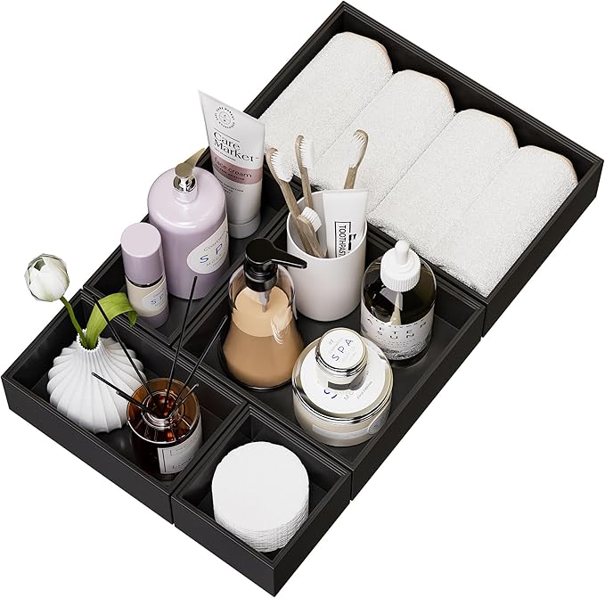 Greatseas Bamboo Drawer Organizer Set, 5 PCS Multi-use Varied Sizes Junk Drawer Organizer Kitchen Storage Box for Office, Home, Bedroom, Bathroom, Black