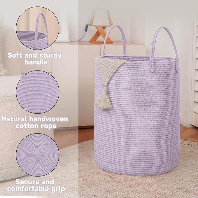 Large Woven Laundry Basket Hamper, 60L Cotton Rope Storage Bin for Blankets, Toys, and Clothes, Decorative Tall Nursery Hamper for Living Room, Baby Nursery, Bathroom, and Bedroom, Purple