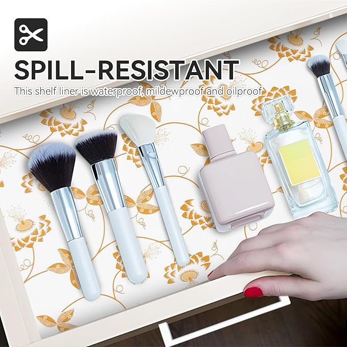 RAY STAR Shelf Liner, Non Adhesive Golden Leaves Floral Kitchen Cabinet Liner for Pantry Drawer Vanity, Strong Grip Non Slip, Shelf Liners for Kitchen Cabinets Cupboard 12 Inch x 10 FT (4 Rolls)