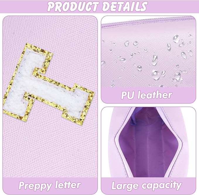 Gifts for Girls Initial Makeup Bag Personalized Cosmetic Bag with Zipper Cute Travel Toiletry Bag Waterproof PU Preppy Makeup Pouch Birthday Gift for Teen Girls Women(Purple T)