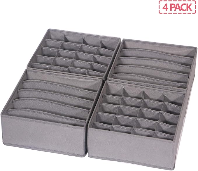 DIOMMELL 4 Pack Foldable Cloth Storage Box Closet Dresser Drawer Organizer Fabric Baskets Bins Containers Divider for Clothes Underwear Bras Socks Lingerie Clothing, M Grey 22-0000