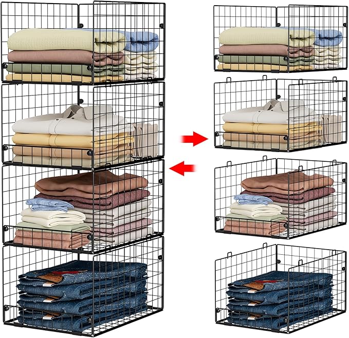 4-Tier Stackable Closet Organizers and Storage Shelves, Foldable Closet Shelf Organizer System, Stackable Storage Bins Drawers for Closet Organizer System, Black(Patent 30022416, 15.7"x11.8"x34.64")