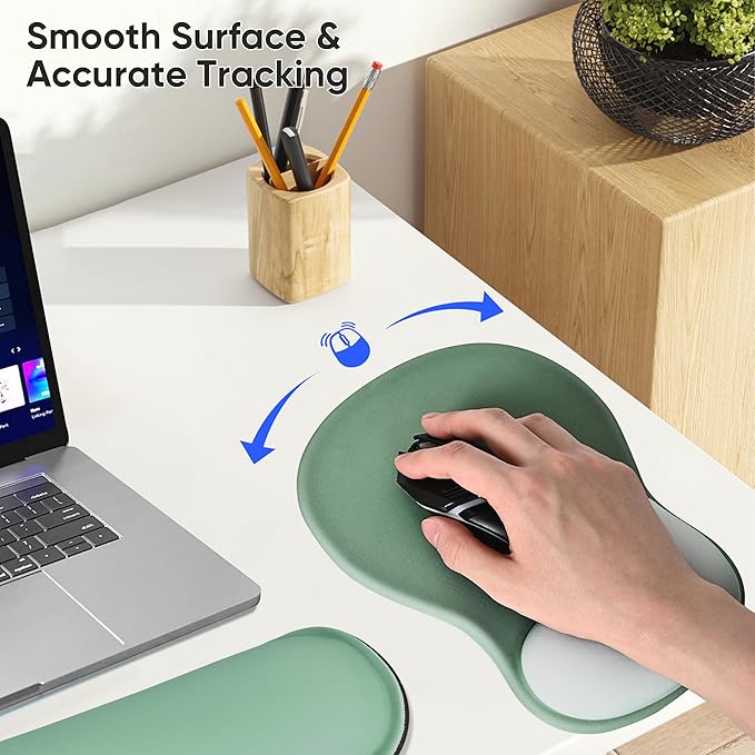 WINTOJO Wrist Rest Support for Mouse Pad Keyboard Set, Circle Coaster, Gaming Mouse Pad, Ergonomic Gel Memory Foam Set for Computer, Laptop, Office, Pain Relief, Comfortably Typing, Pure Green, KM-34