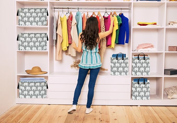 KUNRO Rectang Storage Basket Gift Shelf Basket Storage Bin, Nursery Basket Organizer Box for With Handles for Room Deco (Elephant)