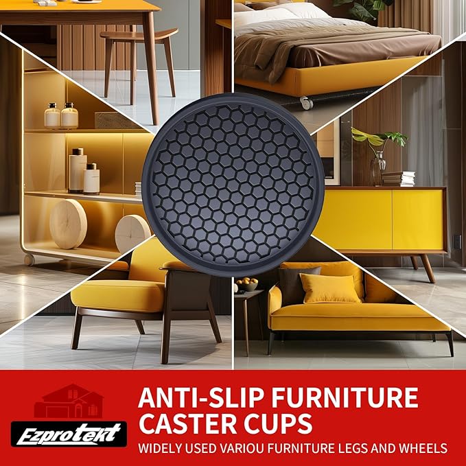 Ezprotekt Non Slip Furniture Pads, 4 Pcs 3" Rubber Caster Cups, Anti Skid Furniture Coasters for Hardwood Floors, No Slide Furniture Gripper, Floor Protector for Bed Couch Furniture Stoppers (Black)