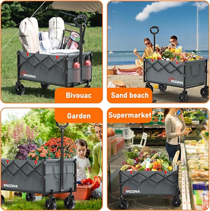 Wagons Carts Foldable, Lightweight Portable Utility Shopping Cart with Wheels, Folding Grocery Wagon Cart for Grocery, Camping, Shopping, Beach, Garden, Sports Grey