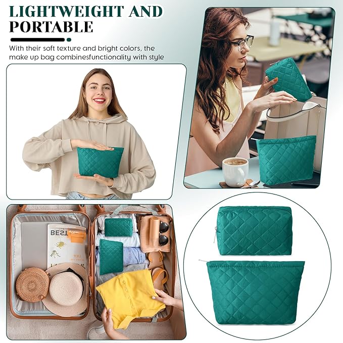2 Pcs Pencil Case Quilted Makeup Bag Aesthetic Cosmetic Pouch for Women Puffer Travel Toiletry Bag Set Cotton Small Purse Pouch Makeup Organizer with Zipper(Green)