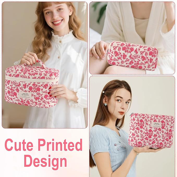 3Pcs Cotton Quilted Makeup Bag for Women Large Small Travel Cosmetic Bag Set Cute Pink Floral Print Makeup Pouch for Purse Portable Skincare Bags Coquette Vintage Puffy Travel Essential