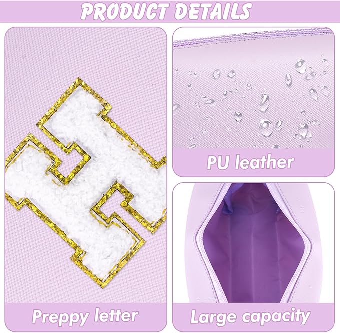 Gifts for Girls Initial Makeup Bag Personalized Cosmetic Bag with Zipper Cute Travel Toiletry Bag Waterproof PU Preppy Makeup Pouch Birthday Gift for Teen Girls Women(Purple H)