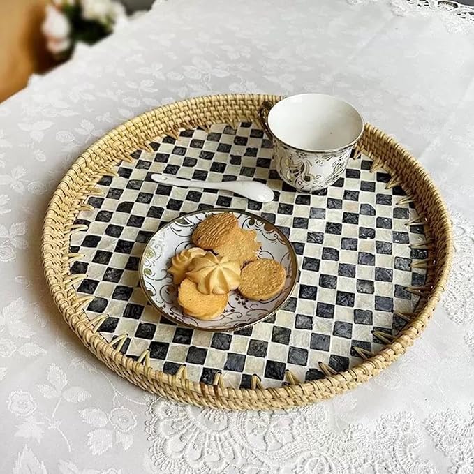 12" Large Rattan Serving Tray with Mother of Pearl, Decorative Coffee Table Trays for Home Decor, Large Wicker Woven Serving Tray Decor for Kitchen Counter, Living Room and Ottoman, Black