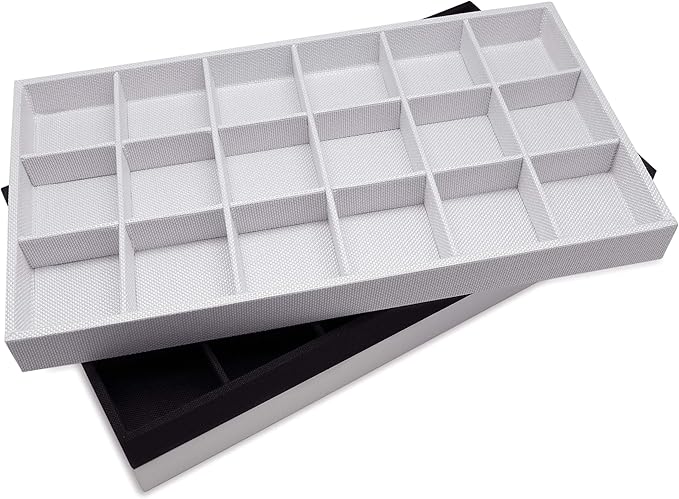 The Display Guys - Stackable Jewelry Tray and Organizer - for Drawers, Dressers, Store Display (18 Compartments, White Leatherette)