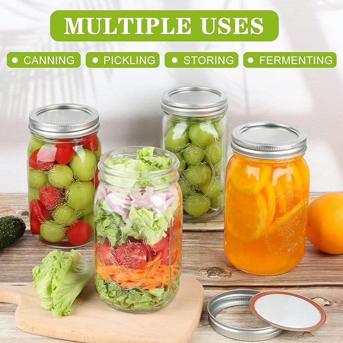 Wide Mouth Mason Jars 32 oz, 6 Pack Quart Canning Jars with Airtight Lids and Bands, Clear Glass Mason Jars for Canning, Pickling, Preserving, Meal Prep