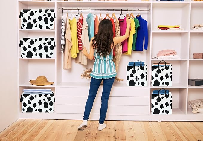 KUNRO Rectangle Storage Basket Gift Shelf Basket Storage Bin, Nursery Basket Organizer Box for With Handles for Room Deco (Cow pattern)