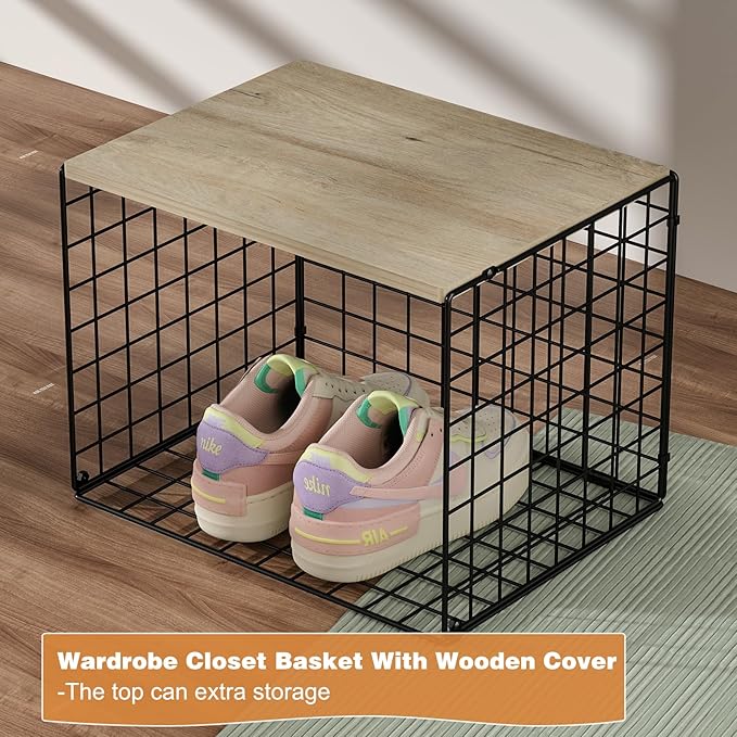 Extra-Long Closet Organizers and Storage with Top Board, 3 Pack Stackable Closet Shelf Organizer, Double Storage Design Clothes Storage Cube/Bin Organizer for Wardrobe, Space-Saving, Black, Sturdy, Metal