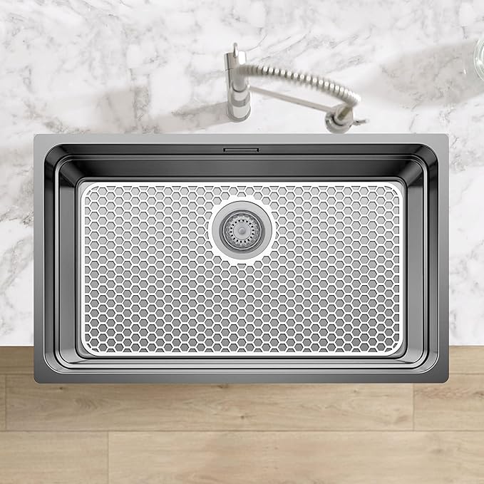 Silicone Sink Protectors for Kitchen Sink - 26"x 14" Kitchen Protector Accessory, Non-Slip Heat Resistan Mat for Bottom of Farmhouse Stainless Steel Porcelain (Rear Drain Hole,White)