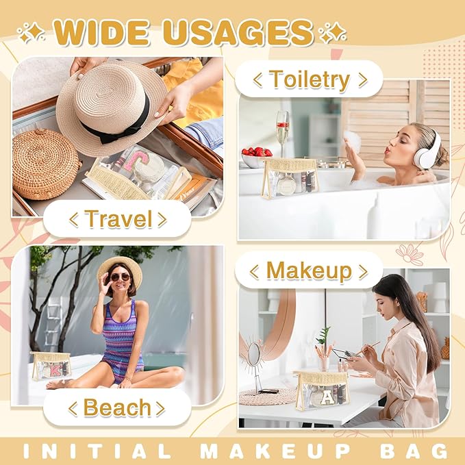 Personalized Initial Letter Bag Boho Straw Clear Makeup Bag, Small Cute Chenille Varsity Letter Pouch With Zipper, Beach Travel Toiletry, Portable Monogrammed Cosmetic Bag for Women Girls
