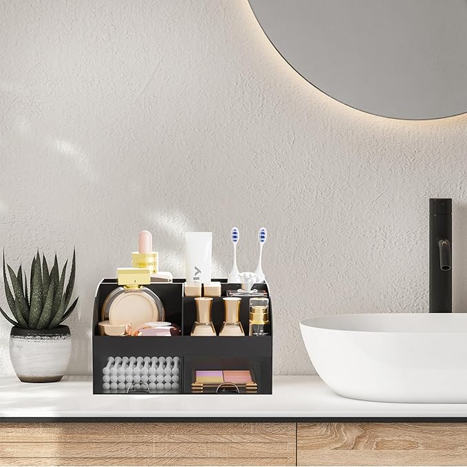 Makeup Organizer with 2 Drawers, Cosmetic Storage for Dresser Vanity and Bathroom Countertop, Makeup Organization and Skincare Storage with Beauty Brush Holder, Cosmetic Display Case (Black)