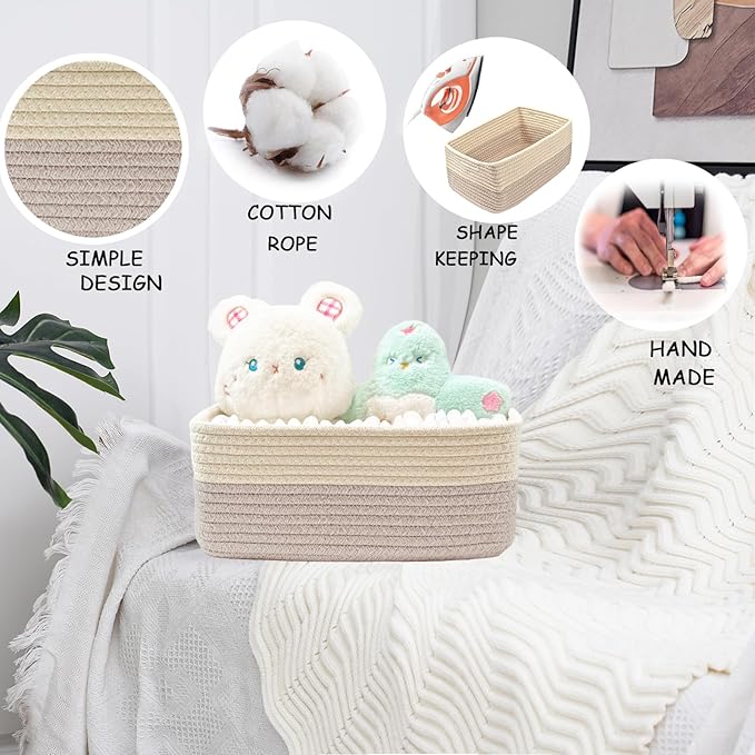 COMFY-HOMI 13" x 8.5" x 5.1" Storage Baskets for Organizing | Cotton Rope Woven Basket | Toy Storage Bin Box | Basket for Shelves, Closet Organizer Bin, Decorative Closet Shelf, 3 Pack, beige brown