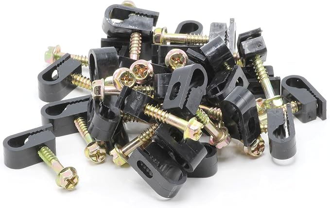 THE CIMPLE CO Single Cable Clips with Screws - 1/4 Inch Coaxial Cable Clamps Outdoor - Exterior Cord Management for Coax, CAT Ethernet, Electrical Wire - Screw Clamps for Wires - 50 PCS, Black