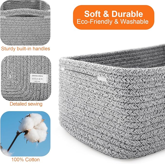 Ordn2Ordn Small Storage Baskets for Organizing, Woven Storage Bins for Shelves, Empty Gift Basket, Cute Decorative Closet Organizer, Baby Rope Basket, Dog Toy Storage, 12.6x8.2x5”, 3-Pack Mixed Gray