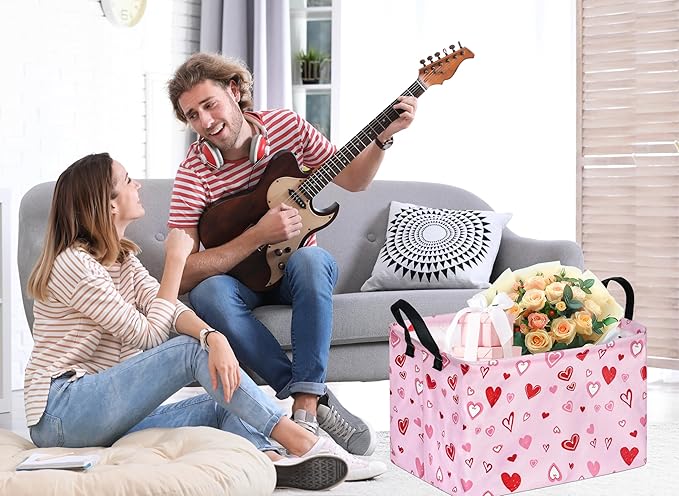 KUNRO Rectang Heart Pattern Vantine's Storage Basket Gift Shelf Basket Storage Bin, Nursery Basket Organizer Box for With Handles for Room Deco